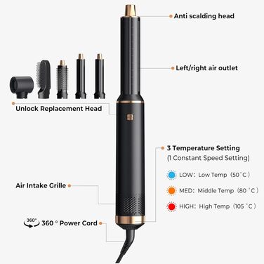 Мультистайлер для волосся 5 в 1 MogaWave Airstyler Pro 1000W: фен-щітка, плойка для локонів, об'ємний стайлер з іонізацією, чорний