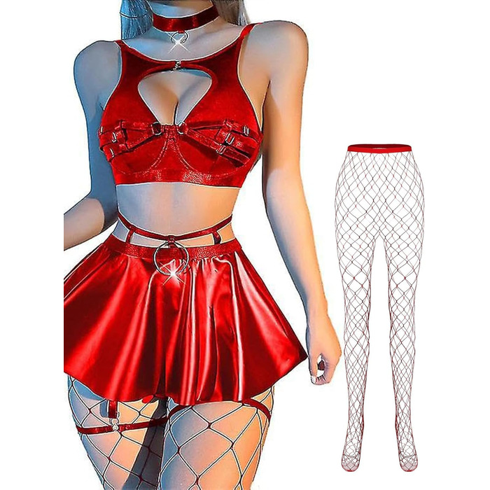 Сексуальний комплект білизни Lilosy: колготки, чокер, ремінець, бюстгальтер з підпружиненою чашкою, спідниця (5 шт.)