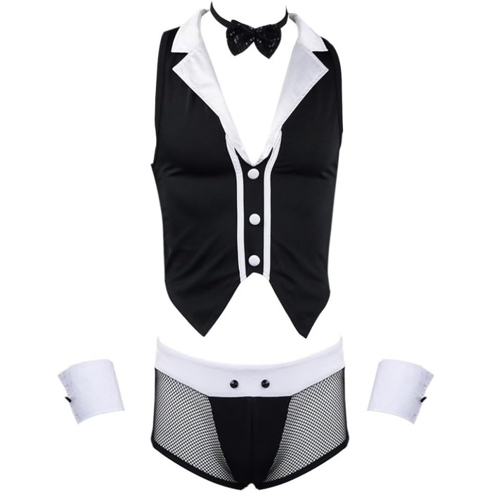 Костюм бармена Freebily 4шт: меш, боксери, краватка, жилет. Чорний. Еротичний костюм для рольових ігор, клубної моди. Розмір універсальний