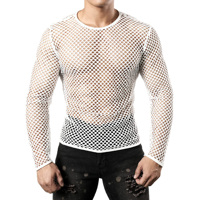 Чоловіча футболка JOGAL з мереживом, прозора, з довгим рукавом, біла, розмір XL