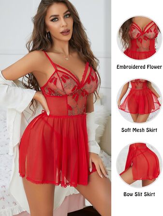 Жіноча мереживна піжама-бабідол Aranmei exy, мереживний комплект, нічна сорочка, прозора сорочка, мереживний тілесний костюм для сну, червоний, розмір M