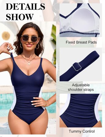 Зручний купальник для жінок Badeanzug Damen: фігуроформний, з V-подібним вирізом, підтримуючими бретелями та боковими шнуруванням (Морська синя, L)