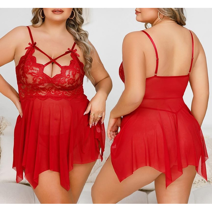 Сексуальна нічна сорочка з мереживом KNDSSMY для жінок, прозора бабідол, нічна сорочка з мережива, великі розміри, танга, червоний XXL