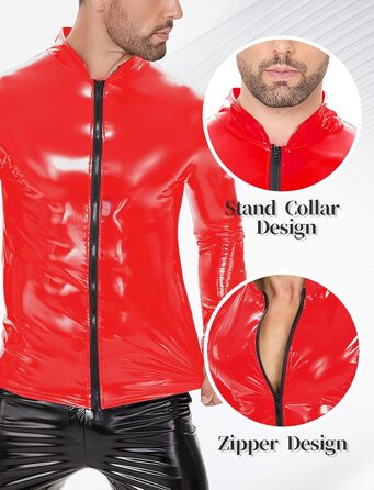 Латексна куртка для чоловіків Ausing з штучної шкіри, сексуальний ефект мокрого вигляду, облягаючий крій, з блискавкою, для танців, вечірок, карнавалу (червоний, XS)