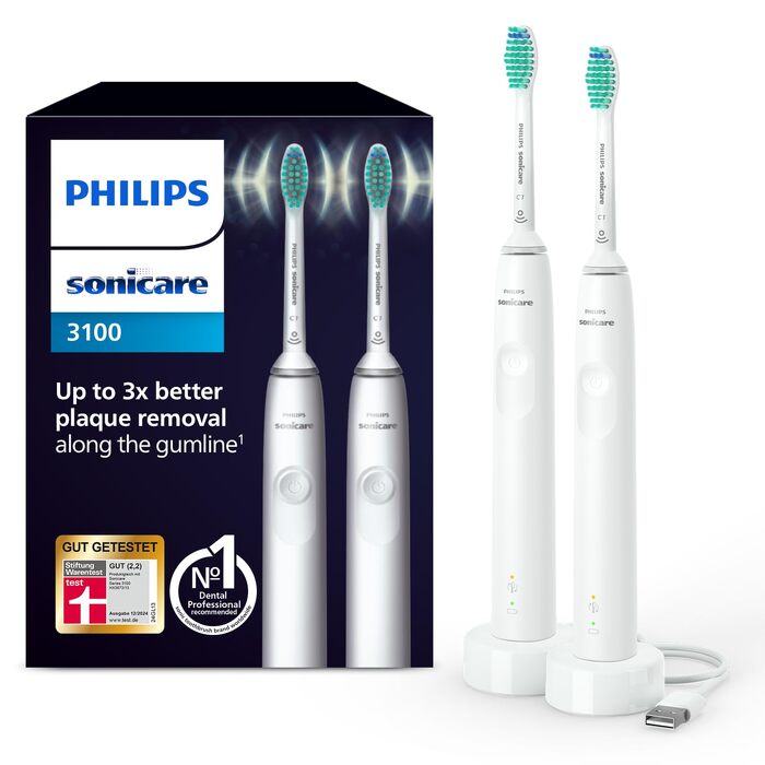 Електрична звукова зубна щітка Philips Sonicare 3100 з контролем натиску та таймером, біла, набір 2 шт. (HX3675/13)