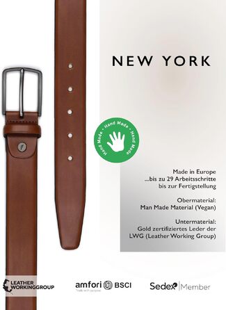 Чоловічий шкіряний ремінь FENIX NEW YORK Desert Cognac (95 см), ширина 35 мм, гіпоалергічна пряжка, регульований та екологічний, для костюма та джинсів