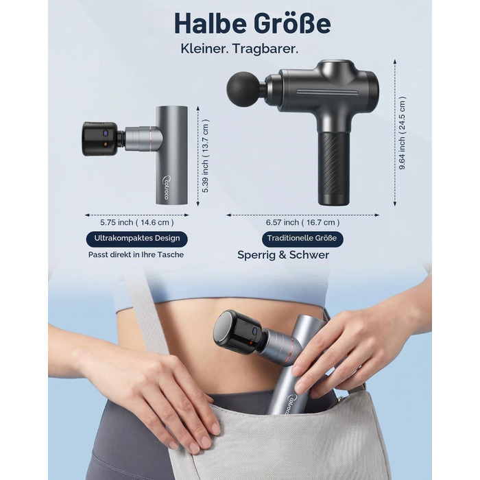 Перкусійний масажер cotsoco Mini Massage Gun з функціями підігріву та охолодження, металевий корпус, 5 насадок для глибокого масажу м'язів, сірий