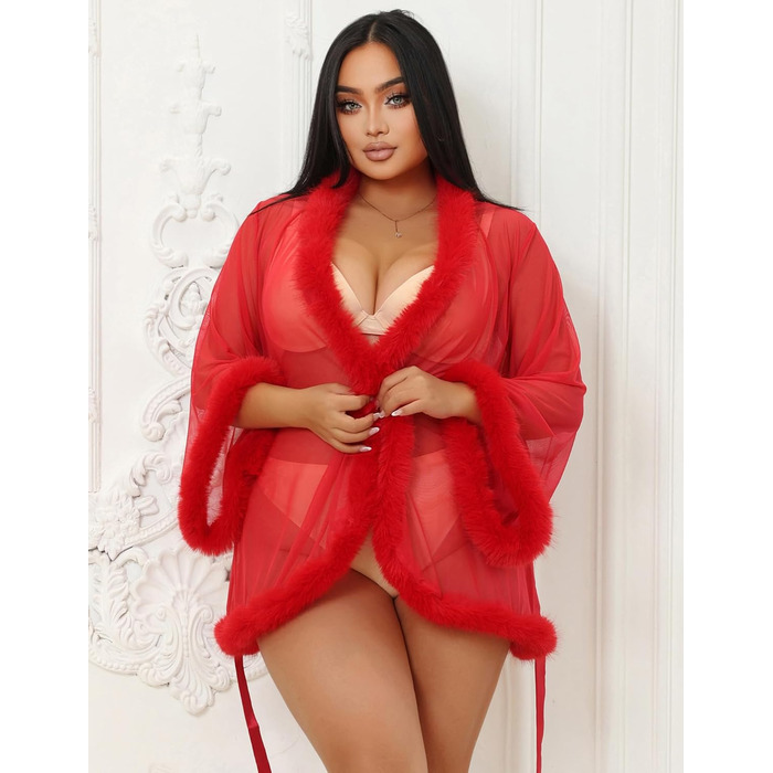Кимоно жіноче з фатину, коротка сексуальна піжама/халат з штучним хутром, прозорий, великі розміри (XL-XXL), червоний