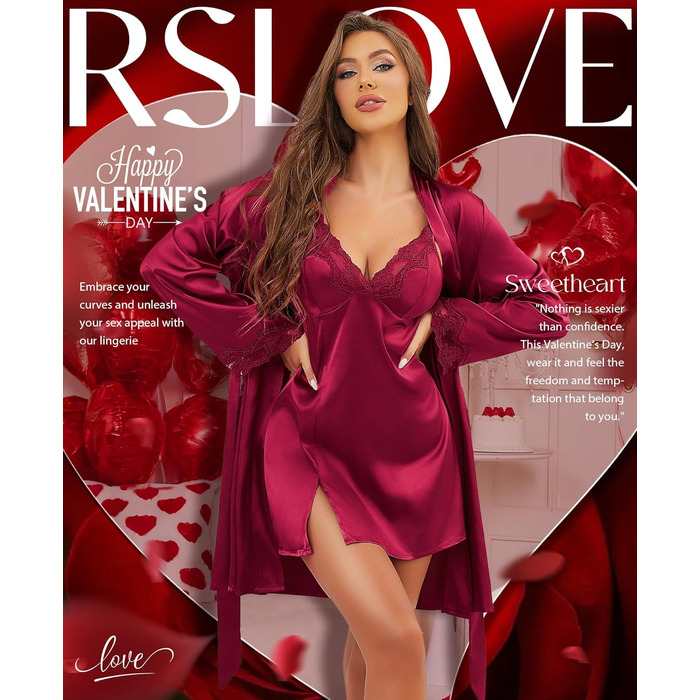 RSLOVE Комплект жіночого шовкового нічного одягу з мереживом - Сексуальна піжама, нігть, халат (L, Бордовий)