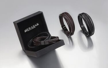 Шкіряний плетений браслет SERASAR Premium для чоловіків, чорний та коричневий, магнітна застібка з нержавіючої сталі, 21 см, у подарунковій коробці