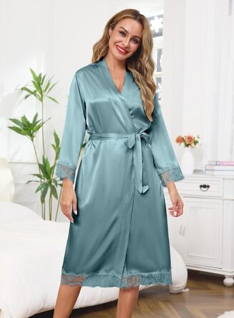 Жіночий халат Lovasy Satin Kimono з мереживом, довгий, колір сіро-зелений, розмір M