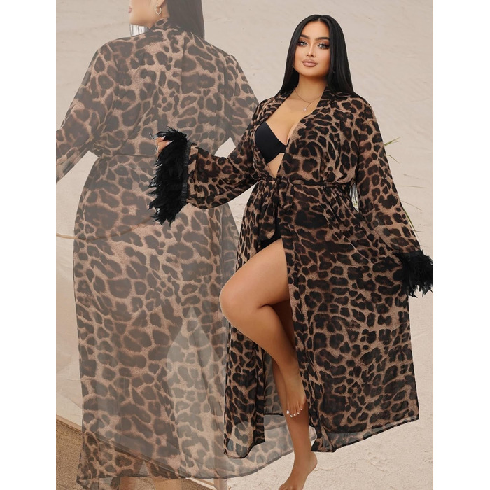 Халат жіночий сексуальний з леопардовим принтом, з пір'ям та мереживом, довгий, великі розміри, для дому, нічна сорочка, бандаж, нічна сукня, халат з поясом, XXL