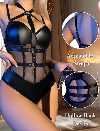 Боді FEOYA для жінок з вирізом, сітчаста тканина, прозорий, суцільний, спідня білизна, шкіряне тіло для косплею, вечірки, клубу, чорні ремінці S