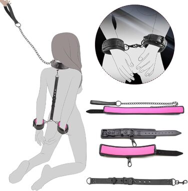 Набір BDSM 6-в-1: наручники, шлея для тіла, чокер, прічка, маска для очей. Набір для BDSM для пар (Чорний, Рожевий)