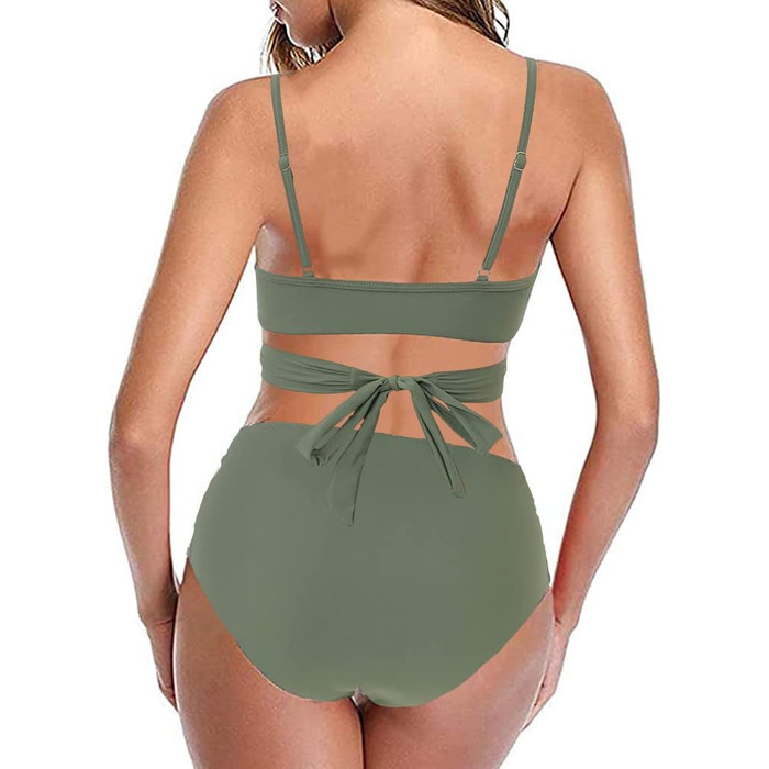 Бікіні JFAN з рюшами, пов'язка на спині, висока талія, топ з пуш-ап, комплект 2 шт. (Армійний зелений, XL)