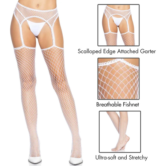 Чулки-сітка з пришитим поясом Leg Avenue, білі, універсальний розмір