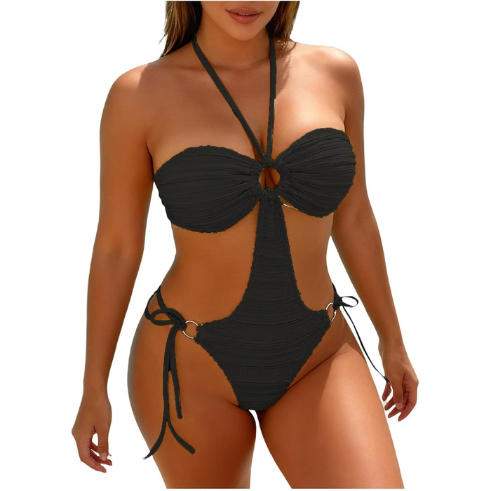 Купальник жіночий суцільний Push-Up Monokini з зав'язками та бретелями на спині, чорний. Елегантний, фігурно-підкреслюючий для басейну та пляжу