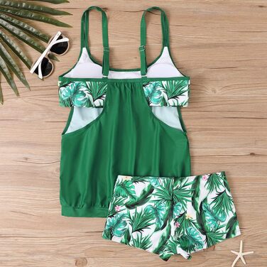 Tankini жіночий з ефектом корекції фігури, пляжний купальник роздільний, великий розмір, білий/зелений (M)