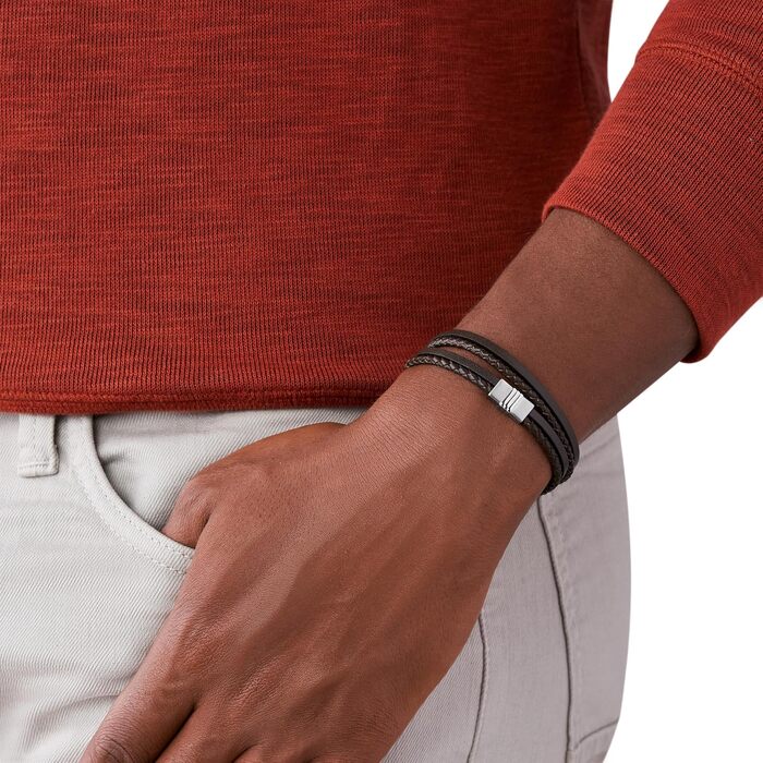 Чоловічий браслет Fossil Casual Texture з натуральної шкіри та нержавіючої сталі, коричневий, з магнітним або складаним замком