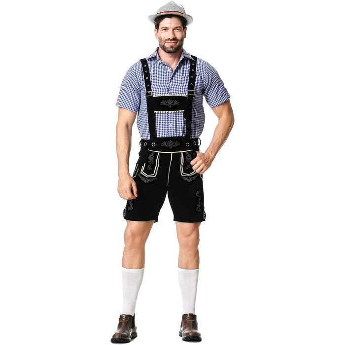 Традиційний костюм для чоловіків RUAOZIA: повний комплект Lederhose, сорочка в керамічну клітинку, для Октоберфесту та тематичних вечірок (чорний, L)