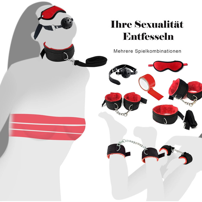 Набір для БДСМ: кайдани, анальний плаг, петиша, маска для очей, набір 28 шт. (червоний)