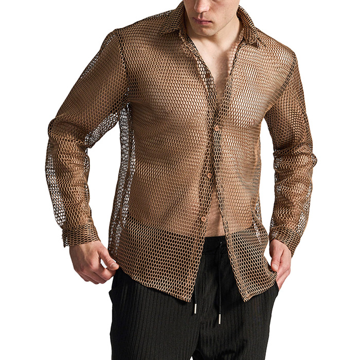Чоловіча сітчаста сорочка з довгим рукавом AIEOE, сітчаста сорочка Fishnet, прозора футболка з м'язами, сорочка на ґудзиках, сітчаста сорочка, S-XXL, коричнева XL