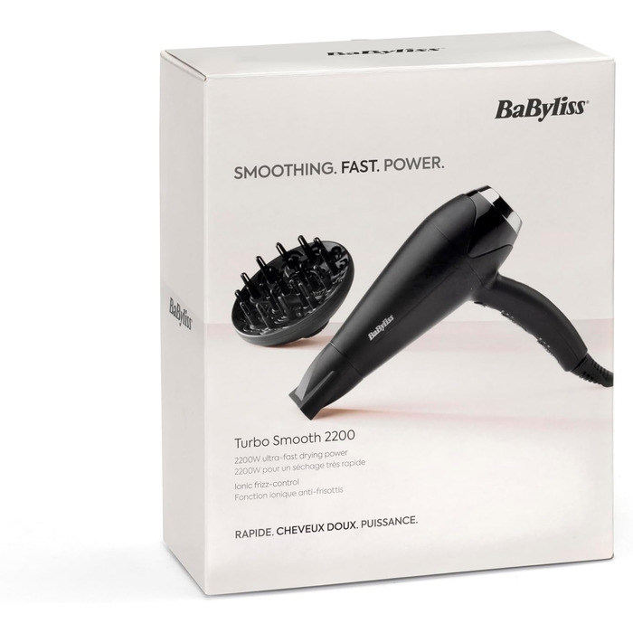 Фен для волосся BaByliss Turbo Smooth D572DE, 2200 Вт, з іонізацією та дифузором, 3 температурні режими, чорний