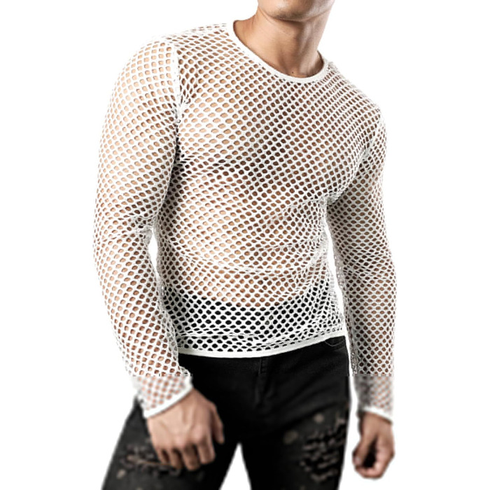 Чоловіча футболка JOGAL з довгим рукавом з мережива, прозора, військово-зелена (XXL, білий)