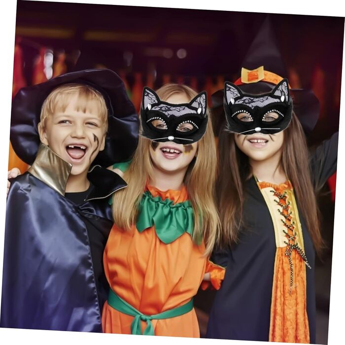 Маска котячого обличчя Holibanna для Хелловіну, 8 шт. - чорна маска, маска для карнавалу, плюшеві маски з мереживом