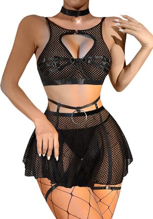 Сексуальний комплект білизни Lilosy: колготки, чокер, галстук-петля, бюстгальтер з підкладкою та кільцем, спідниця (M, сітка, чорний)