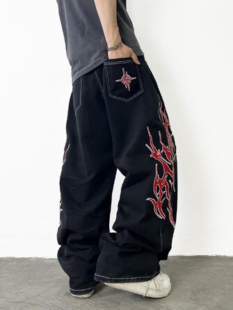 Чоловічі широкі джинси Baggy з вишивкою, чорні денімові штани Loose Fit