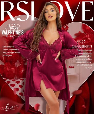 RSLOVE Комплект жіночого шовкового нічного одягу з мереживом - Сексуальна піжама, нігть, халат (L, Бордовий)