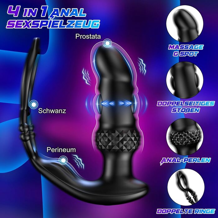 Анальний вібратор для чоловіків з пультом керування та кільцями для пеніса - 7 режимів вібрації, 3 насадки