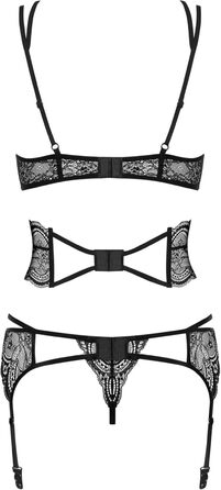 Сексуальний жіночий комплект нижньої білизни Obsessive: бюстгальтер, пояс для живота, пояс з лямками та танга, чорний, L-XL