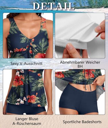 Tankini жіночий купальник з високою талією, push-up топ з шортами, двочастинний, квітковий принт, блакитний, розмір L