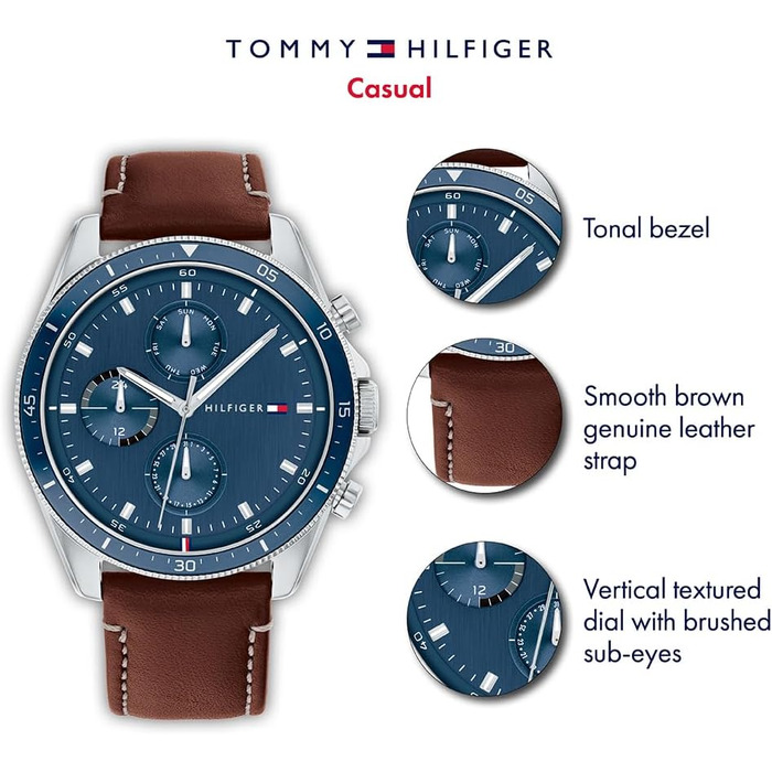 Чоловічий кварцовий годинник Tommy Hilfiger з комбінованим ремінцем зі сталі та шкіри, коричневий