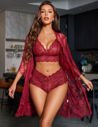 Avidlove Сексуальна жіноча білизна комплект мереживо 3-частинний негаліж, мереживний нічний халат, мереживна білизна комплект з бюстгальтером та трусиками, витончений, бордовий