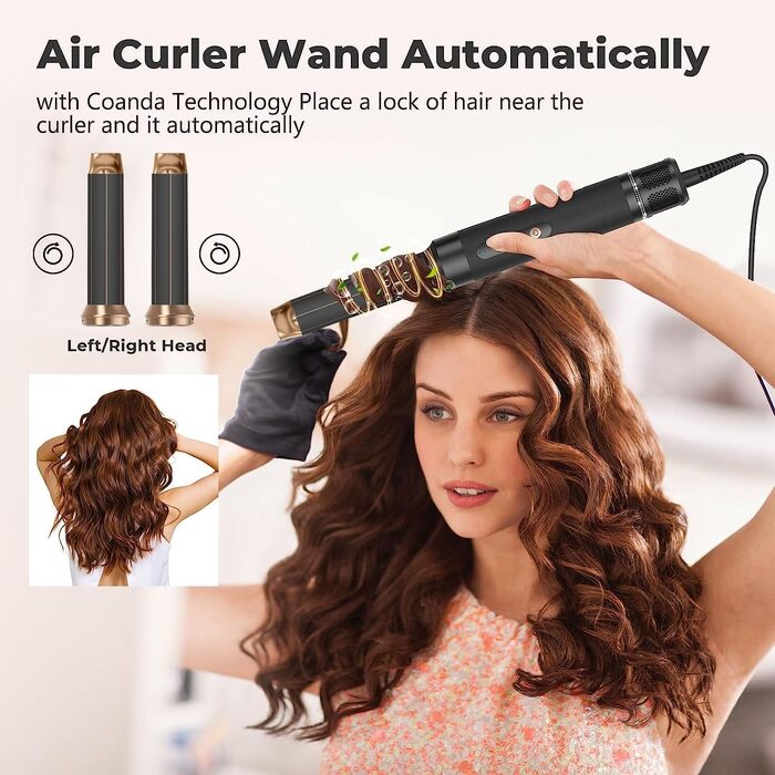 Мультифункціональний стайлер для волосся 7 в 1 Atopskins Airstyler Pro: фен з дифузором, круглі щітки, випрямляч та плойка для локонів Beach Waves, чорно-золотий