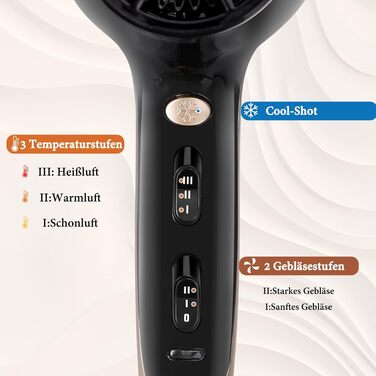 Професійний фен для волосся Aigostar Profi 2400W з іонізацією та дифузором для кучерявого волосся, 3 температурних та 2 швидкісних режими, чорний