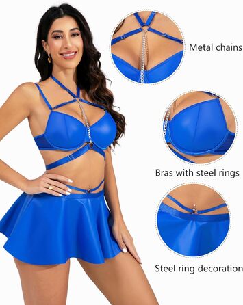 Костюм Evelife Daen з еластичної шкіри: бюстгальтер push-up, сукня-корсет, аксесуари. Елегантний сет для вечірок та клубів. Розмір L, колір кобальтовий блакитний.