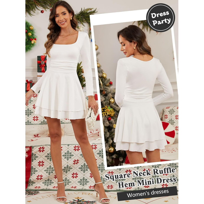 Біле міні-плаття з довгим рукавом, облягаюче, з рюшами, квадратний виріз, для вечірок та клубів