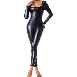 Комбінезон-боді з еластичної шкіри для жінок, облягаючий, з блискітками, для вечірок, рейв, Хелловін, косплей, мокрий ефект, клубний стиль (Чорний, M)