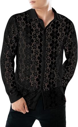 Чоловіча прозора сорочка з квітковим принтом Crongless, мереживо, застібка на ґудзики, довгі рукави, повсякденна сорочка для вечірок (XXL, чорний)