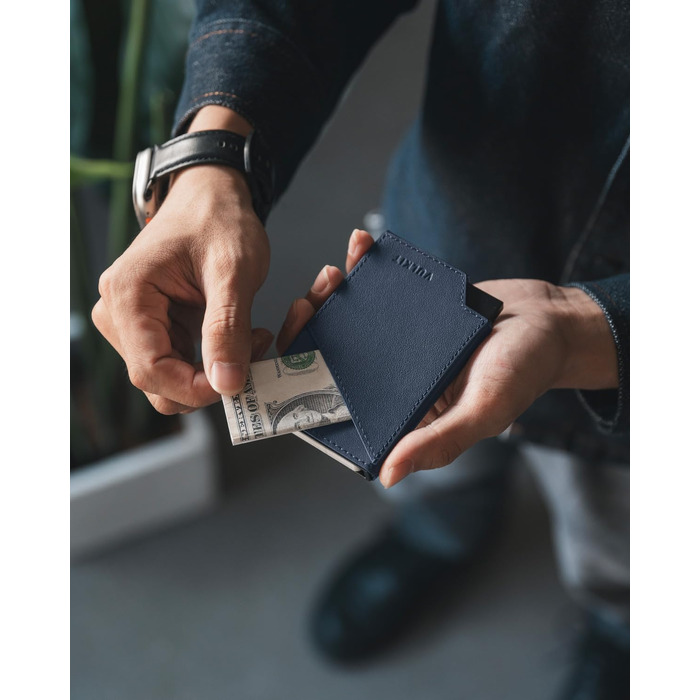 Чоловічий гаманець-картхолдер VULKIT Pop-up з RFID-захистом, металевий слімак з натуральної шкіри корови для кредитних карток, купюр та монет, темно-синій