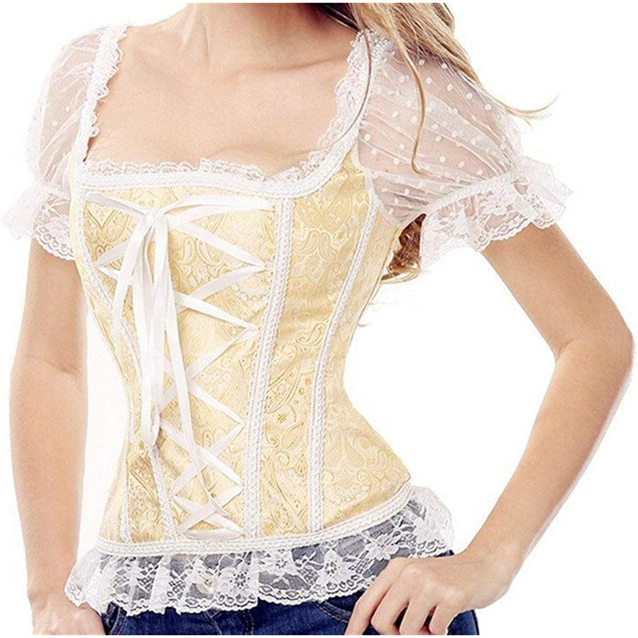 Корсет топ бюстєль для жінок, повні розміри, атлас, квіткова мереживо, шнуровка, білий, артикул 2550 (S, 8108Gelb)