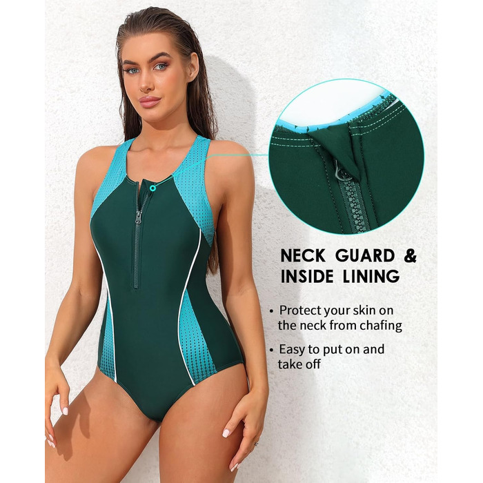 Спортивний купальник Charmo для жінок з животом, цільнокомбінований з блискавкою спереду, з чашками (XL, зелений/бірюзовий)