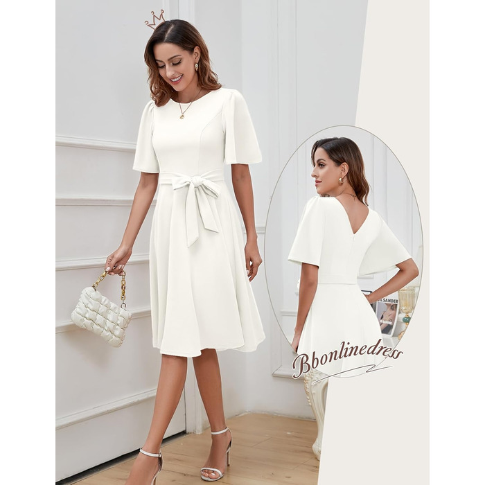 Елегантна сукня-міді Bboninedress коктейльна з поясом, біла (M) - для вечірок та весіль