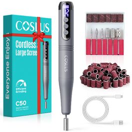 Акумуляторний електричний апарат для манікюру та педикюру COSLUS C50, 12 швидкостей, LED-дисплей, для нарощених нігтів, гель-лаку та акрилу, темно-сірий