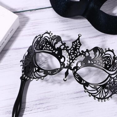 Маска для маскараду Venice Mask Set JewelryWe - пара масок з держателем, металева, з кристалами, чорна, аксесуари для карнавалу, Хелловіну, вечірки, маскарад