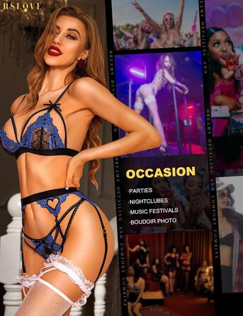 RSLOVE Комплект спідньої білизни для жінок з стрінг-тримачем - 3-частинний мереживний тілсі/боді XL Чорний/Синій